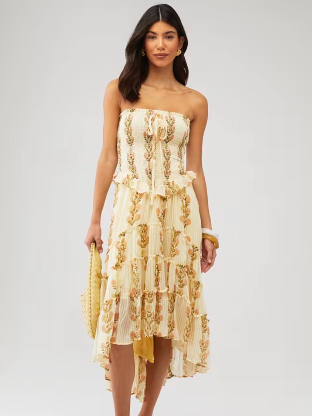 Free People Strapless Smocked Floral Midi Dress Yellow XS